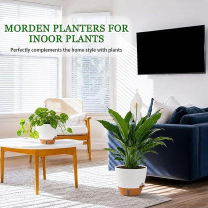 8/10/12 Inch Self Watering Pots for Indoor/Outdoor Plants - Large Plastic Planter with Drainage Holes, Water Level Indicator & Deep Reservoir, Modern Decorative Flower Pots (White)