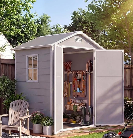 6x4 ft Outdoor Resin Storage Shed with Floor, Lockable Door & Window, Sloping Roof, Plastic Outdoor Sheds with Floor Garden Shed for Backyard Patio Lawn Mower Bike Tool Storage