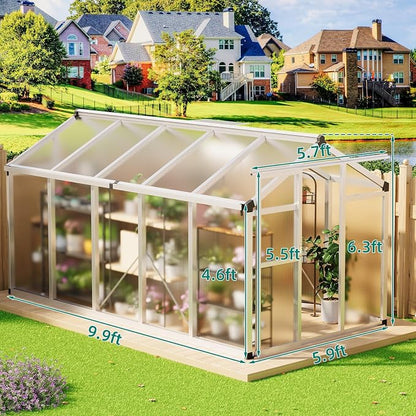 Garvee 6x10 FT Greenhouse - Aluminum Greenhouses for Outdoors | Large Polycarbonate Greenhouse with Roof Vent, Heavy Duty Walk-in Green Houses for Outside Garden, Backyard, Patio, Lawn