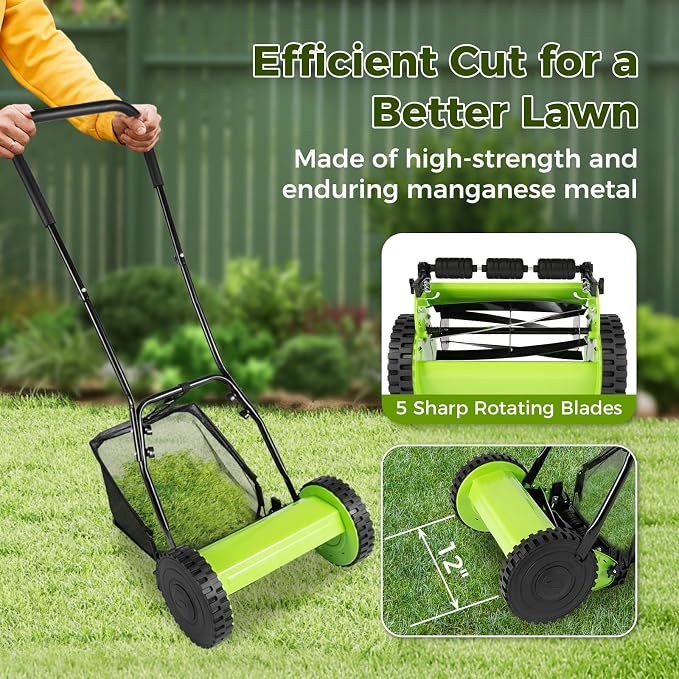 12" Push Reel Lawn Mower, 0.67-1.3 in Adjustable Cutting Height | 6-Gallon Collection Bag, 5 Blade Manual Lawn Mower, Walk-Behind Lawn Mowers for Yard, Garden