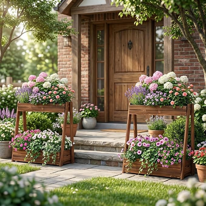 36" 2-Tier Fir Wood Elevated Raised Garden Bed | Fir wood tiered planter with 23" vertical growing space, drainage holes, liner, and no-bend height for patio or balcony