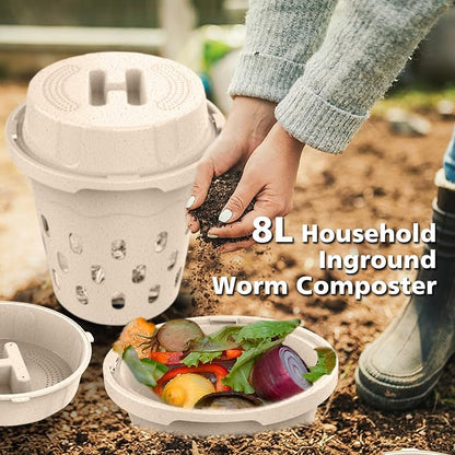 Warm Farm, 2-Pack 8L (2.11Gal) Inground Worm Composter, Outdoor Worm Compost Bin for Garden Beds & Home Use, Vermicomposting Bin for Beginners (9.5x9.5x10.8Inch), Wheat Straw Plastic