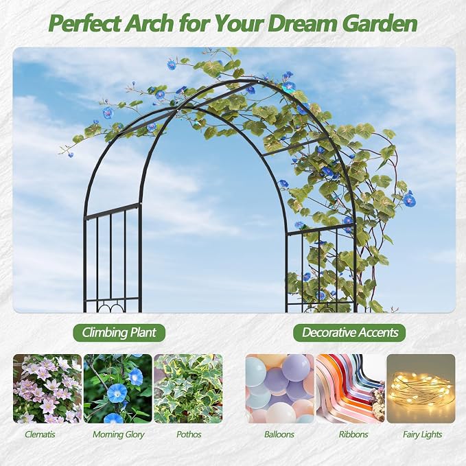 Metal Garden Arch – 47"(L) x 87"(H) Entrance Arbor, Rust-Proof Arbor Trellis, Garden Gate Arch for Backyard Entryway, Trellis for Roses, Ivy, Outdoor Arch for Courtyard, Patio, Garden Door