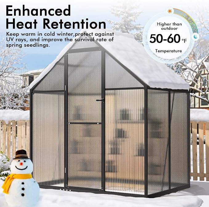 6X4FT Enhanced Aluminum Small Greenhouse for Outdoors with Thermometers | Easy Assembly, UV-Resistant Panels, Built-in Reinforcement, Lockable Sliding Door, Roof Vent, For Vegetable, Flower and Herb
