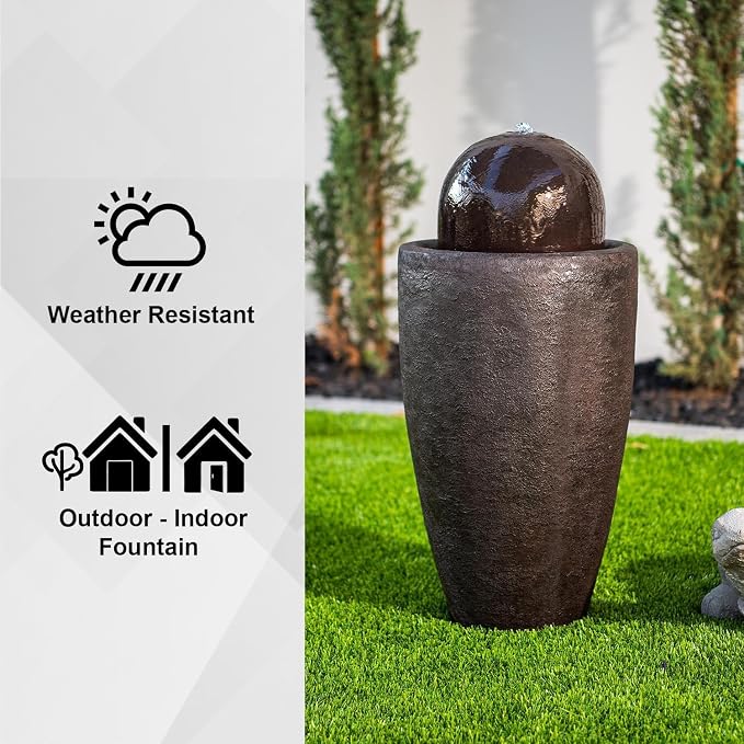 XBrand 25.98" H Brown Round Stone Indoor/Outdoor Modern Sphere Water Fountain with LED Lights – Ball Bubbling Fountain Décor for Garden, Patio, or Tabletop