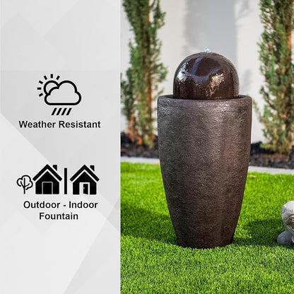 XBrand 25.98" H Brown Round Stone Indoor/Outdoor Modern Sphere Water Fountain with LED Lights – Ball Bubbling Fountain Décor for Garden, Patio, or Tabletop