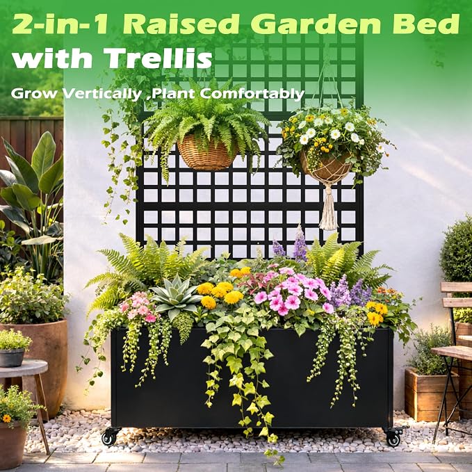 Metal Raised Garden Bed with Grid Trellis and Wheels, 43” L x 16” W x 71” H Privacy Screen for Climbing Plants, Metal Planter Box with Drainage Holes, Black