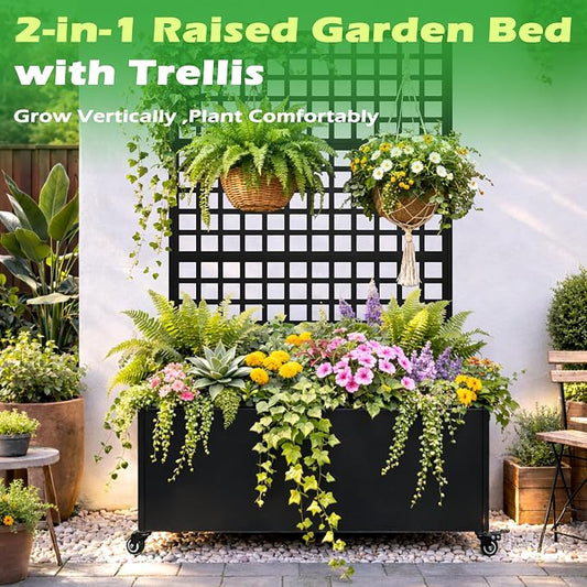 Metal Raised Garden Bed with Grid Trellis and Wheels, 43” L x 16” W x 71” H Privacy Screen for Climbing Plants, Metal Planter Box with Drainage Holes, Black