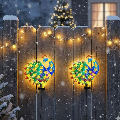 2 Pack Metal Peacock Outdoor Wall Decor with 30 Led Solar Lights- 13.8" Outdoor Fence Wall Art Decor, Gift for Mom Grandma Women Birthday Gardening,Hanging Decoration for Garden Patio Porch Yard