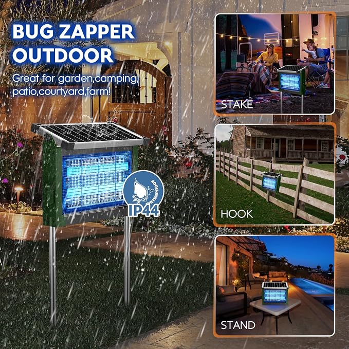 Solar Bug Zapper Outdoor, PhatroyYee Mosquito Zapper 4500V, Waterproof Portable Fly Zapper, Rechargeable Electric Mosquito Killer, Cordless Fly Insect Mosquitos Trap for Patio Yard Camping(Army Green)