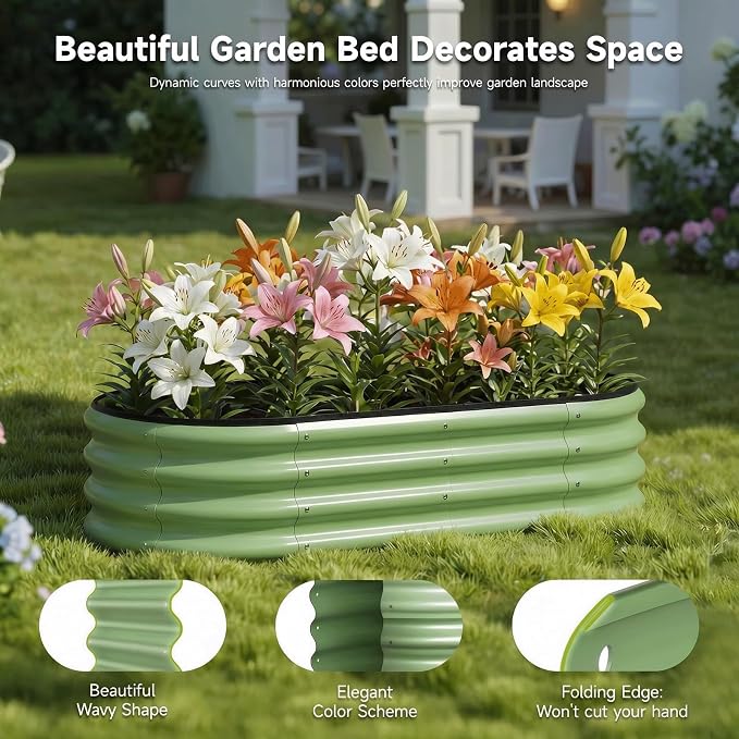 2PCS 4x2x1 FT Oval Metal Raised Garden Bed Kit, Open Bottom Design Elevated Garden Planter Box Outdoor, Trough Planter for Outdoor Plants, Flower, Vegetables, Fruit, Herbs (Green)