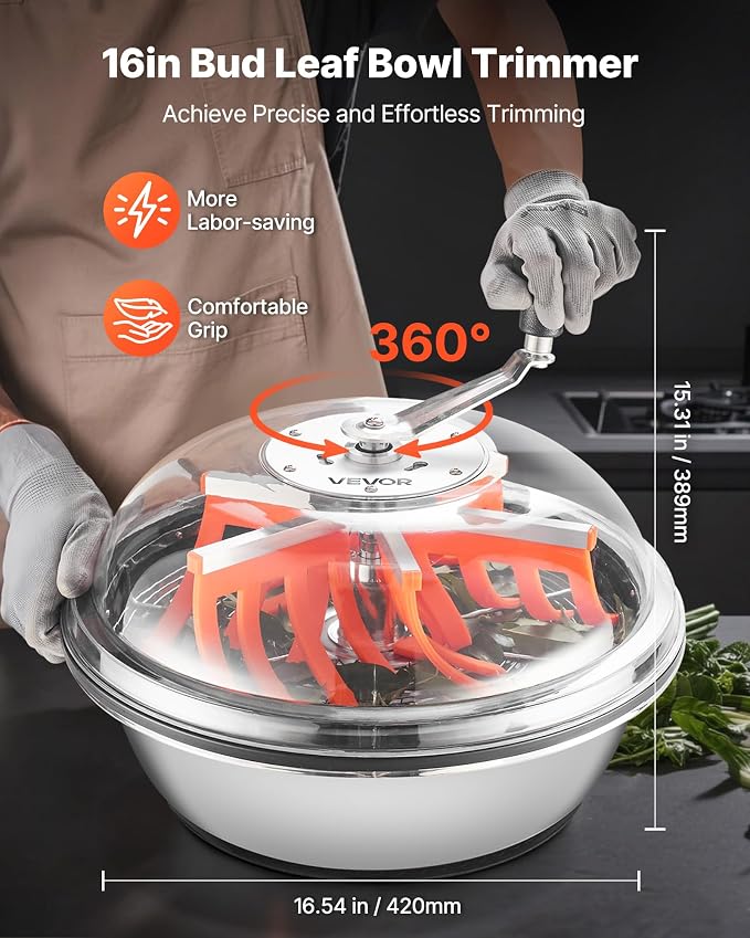 VEVOR Bud Leaf Bowl Trimmer 16", Spin Cutting Machine with Clear Visibility Lid, Sharp Stainless Steel Blades, Wet & Dry Trimming for Buds, Leaves, Hydroponics, Hand Pruner Included (Upgraded Version)