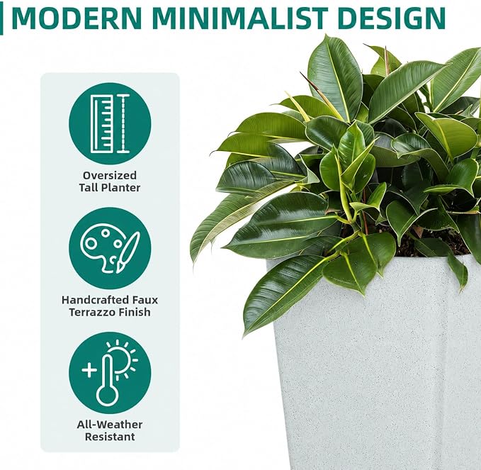 Autodaya 28" Extra-Large White Tall Planters Set of 2 Flower Pots | Tall White Planters for Outdoor Plants, Balcony, Porch, Living Room Corner, Garden, Patio, Deck, or Entryway Decor