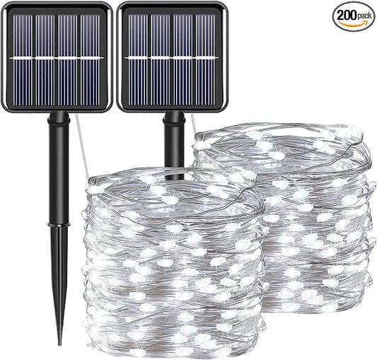 Solar Fairy String Lights for Outside, Outdoor Waterproof, Cool White 2Pack Total 200LED 66Ft 8 Modes Mini Mini Small Solar Powered Lights for Christmas, Garden, Patio, Fence, Balcony
