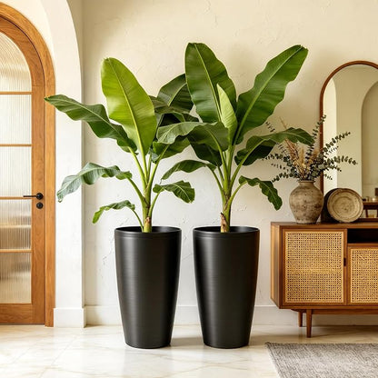 Autodaya 22.8" Tall Black Brushed Resin Planters Set of 2 | High-Density Resin Pots with Drainage Hole For Patio, Garden, Porch, Living Room, Indoor or Outdoor Use, and Gifting