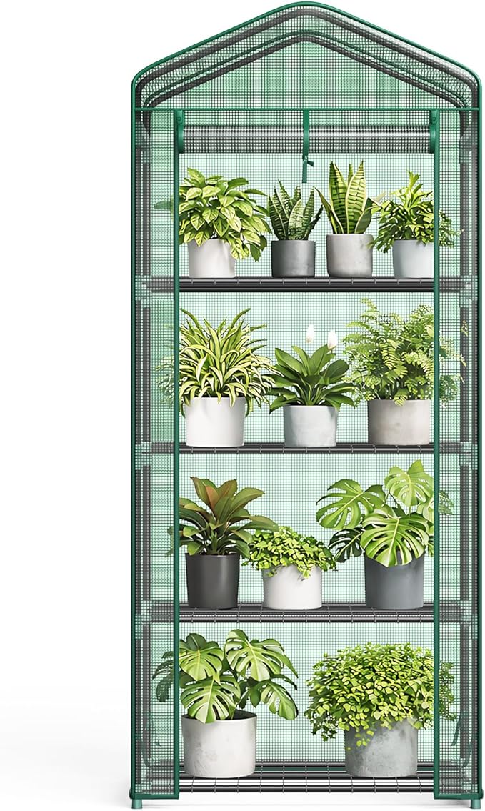 Sweetcrispy Mini Greenhouse with Roll-up Zipper Door Durable PE Cover, 27"x19"x63" 4 Tier, Small Greenhouse for Outdoors Indoor Balcony, Porch, Garden, Patio, Backyard Green Houses, Green
