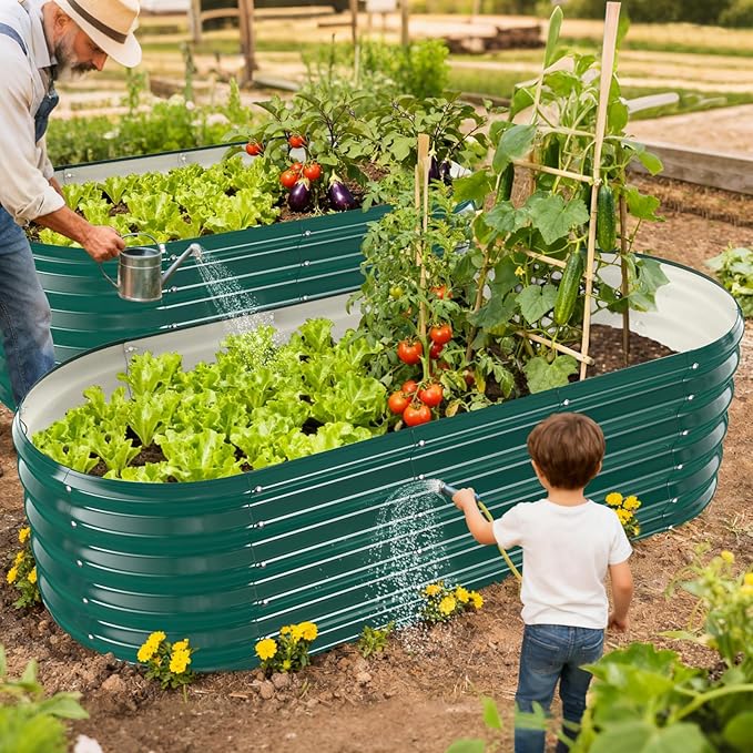 17" Tall Oval-Shaped / Elliptic Metal Raised Garden Bed Outdoor Dark Green | 60X24X17 Inch,1.5 FT Tall,0.8MM Thick Galvanized Metal Painted,for Variety of Flowers,Herbs,Vegetables.with Gloves,Tool free