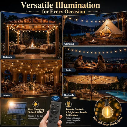 100FT Solar String Lights Outdoor Waterproof, G40 Patio Lights Shatterproof Bulbs with Remote Control, Dimmable Timer 3 Lighting Modes for Porch, Yard, Backyard, Garden, Camping Decor