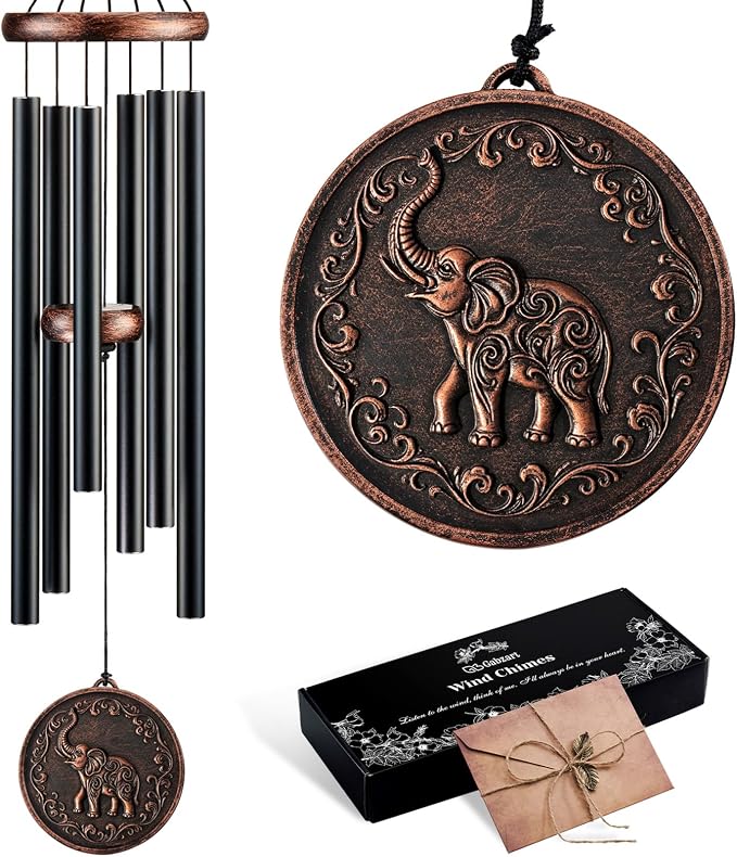 34" Elephant Wind Chimes for Outside, Deep Tone Garden Decor | Deep B tones, adjustable striker, weather-resistant finish, double-sided dragonfly, gift boxed and ready to hang