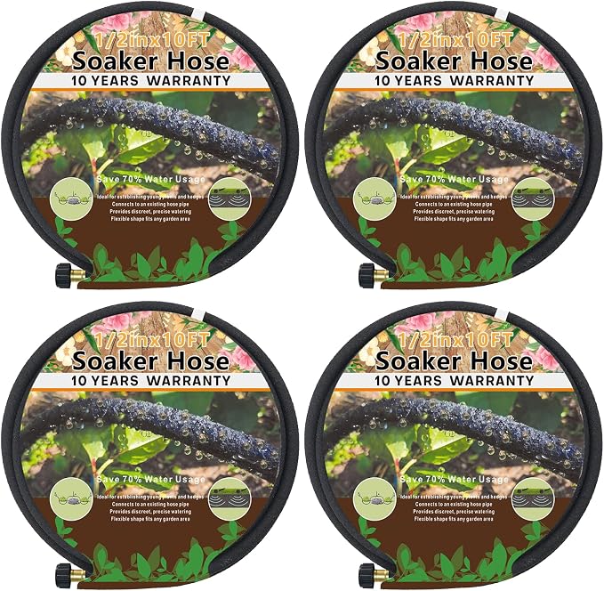 4-Pack Soaker Hose for Garden 10 Ft, Short Soaker Hoses 40 Ft, Rubber Garden Hose for Watering, Heavy Duty Drip Irrigation Hoses System (10 feet 4-Pack)