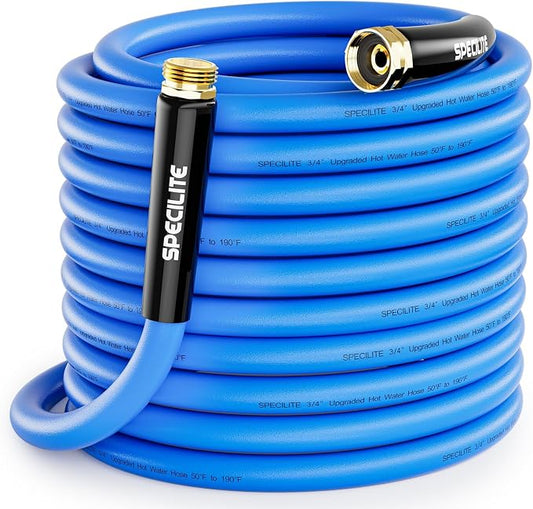SPECILITE Hot/Cold Garden Water Hose 200 ftx 3/4 in, -50℉ To 190℉, Heavy Duty, Flexible, Burst 605 Psi, Lightweight, Upgraded Rubber Pipe with 3/4" Brass Fittings For Backyard, Outdoor, Farm, Blue