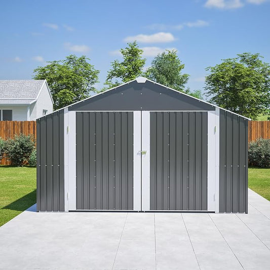KEIKI 12x20 FT Outdoor Metal Storage Shed Garage with Double Doors, Large Capacity Steel Utility Shed for Vehicle Equipment and Garden Tool Storage, Weather Resistant Backyard Shed