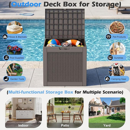 Outdoor Storage Box, 30 Gallon Resin Deck Boxes Outdoor Waterproof For Patio Furniture, Garden Tools, Pool Supplies, Lockable And UV Resistant (Rattan Gray)