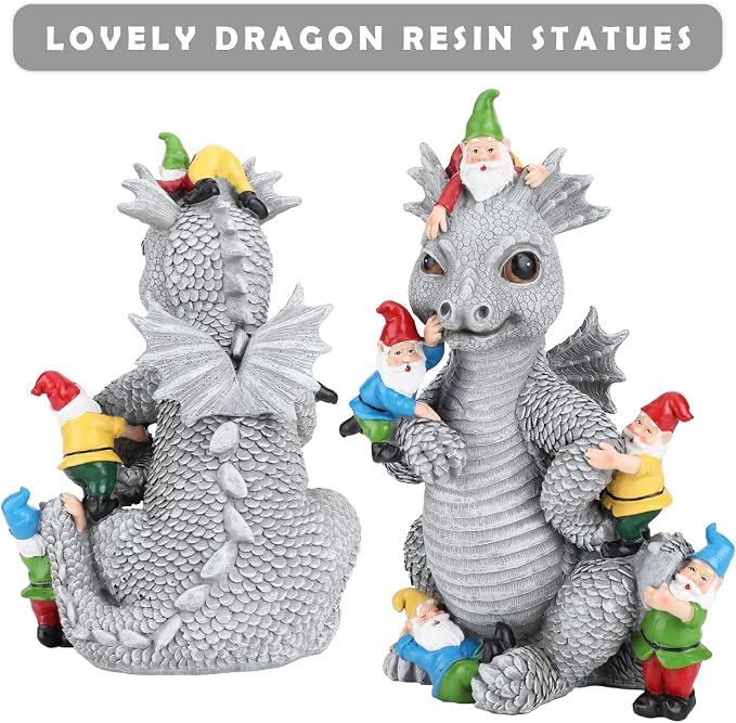 Dragon Gnome Statues Outdoor Decor, 13” Dinosaur Play with Gnomes Garden Statue, Outdoor Statue for Outside,Lawn Yard Decor, Gardening Gift