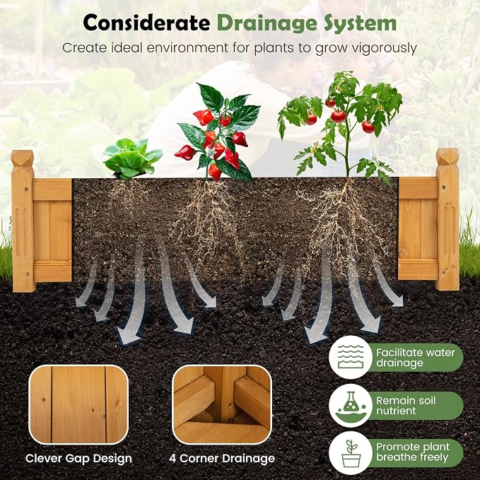 Giantex Raised Garden Bed, Wooden Planter with Drainage Holes, Rectangular Plant Box for Vegetables Flowers Herbs Fruit Growing, Raised Container for Garden Patio Balcony, Easy Assembly