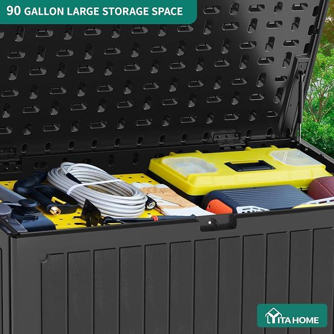 YITAHOME 90 Gallon Large Deck Box with Side Handles | Outdoor Double-Wall Storage for Patio Furniture Cushions, Garden Pool Accessories, Waterproof & Lockable