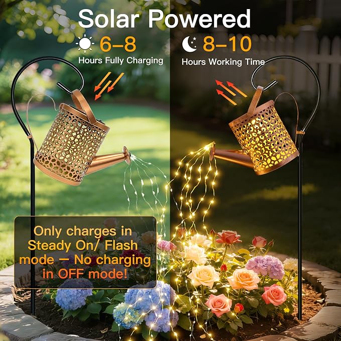 Ollny Solar Watering Can with Cascading Lights Outdoor Garden Decor, Father Day Gifts, Birthday Gifts for Women, IP65 Waterproof 2 Lighting Modes Hanging Lanterns for Yard Patio Lawn (Beehive)