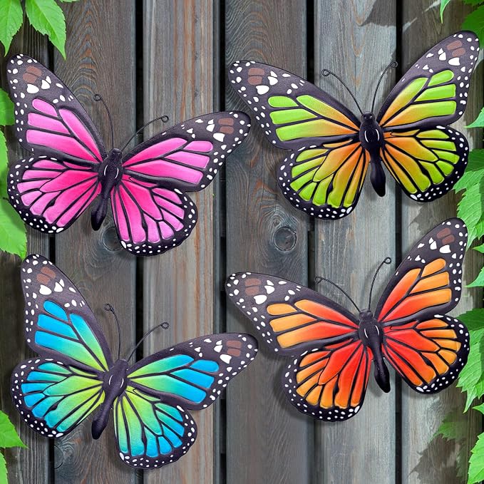 Metal Butterfly Wall Art - 4 Pack 9.8in Butterflies Wall Sculpture Hanging Decor for Outdoor and Indoor, Balcony Yard Patio Fence Garden Decorations