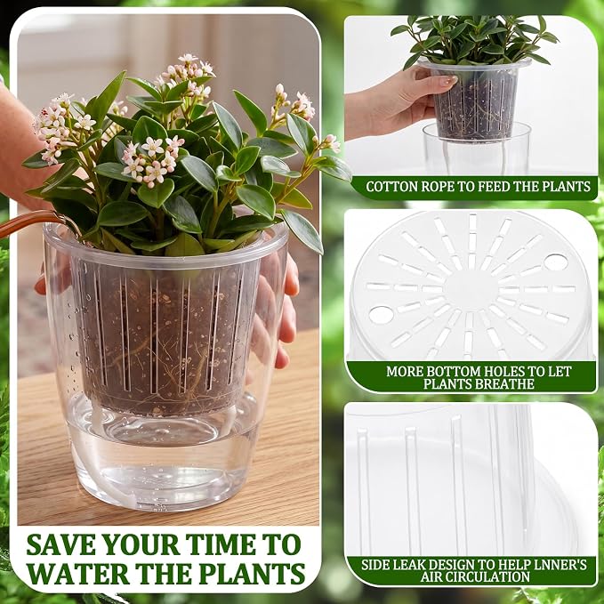 24 Pcs Self Watering Pots, 5.1 Inch Plastic Plant Pot with Inner Pot Self Watering Wick Planter Pots for Indoor House Plants, Flowers, Succulents (Transparent)