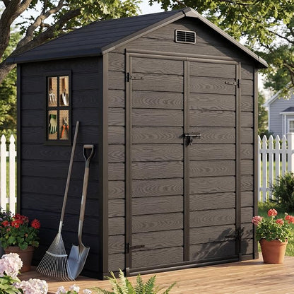 DWVO 6X5FT Resin Storage Shed with Reinforced Floor, Outdoor Storage Shed with Lockable Door, Window and Vents, Waterproof Plastic Tool Shed for Garden, Backyard, Patio, Lawn