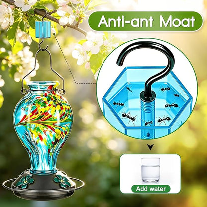 Hand Blown Glass Hummingbird Feeders for Outdoors Hanging, 24oz Wild Bird Nectar Feeder with Ant Moat and Perch, Bee-Resistant Ports, Garden Decor, Gifts for Women Mom, 1 Pack, Blue Phoenix