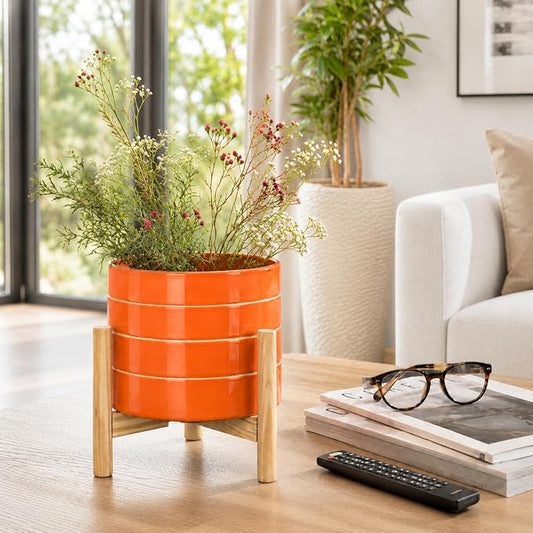 Striped Ceramic Planters with Wooden Stand as Home Decor Flower Pots for Entryway, Patio, Tabletop, and Garden - Colorful Decorative Pots for Indoor and Outdoor Plants - 9", Orange & Tan