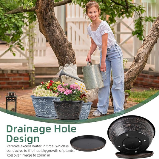 Nooulap 3 Pack Flower Pots Outdoor 11 Inch Plant Pots Indoor, Large-Plastic-Plant-Flower-Planters-Pots with Drainage Hole & Tray, Modern Decorative Garden Pot with Saucer(Brown)
