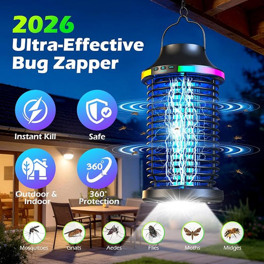 Rechargeable Bug Zapper Outdoor, 4200V Powerful Electric Mosquito Zapper 5-in-1 Portable & Wireless Bug Zapper Outdoor Cordless with 5000mAh Battery, Outdoor Waterproof Fly Zapper for Patio Camping