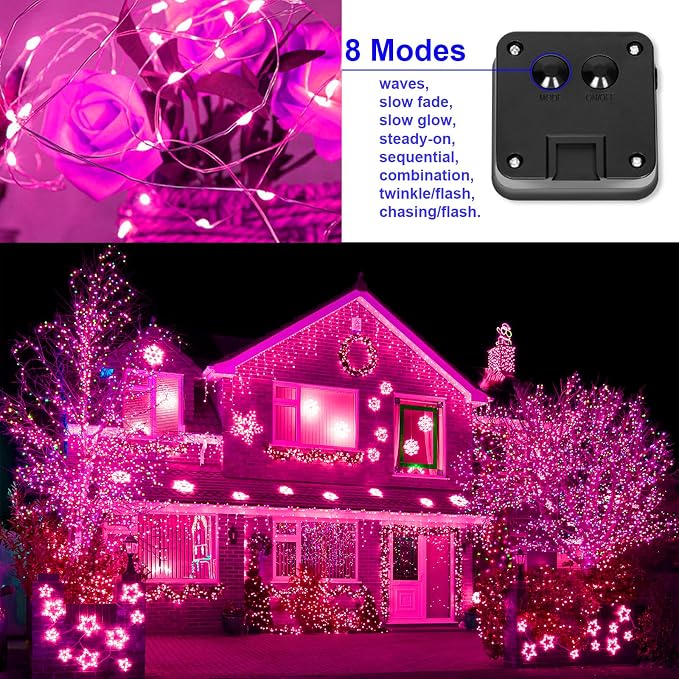 Solar Christmas String Lights Pink Outdoor Waterproof 100 LED（2 Pack） 8 Modes Copper String Lights Fairy Lights for Valentines Day Garden, Patio, Fence, Balcony, Outdoors(Pink 2pcs