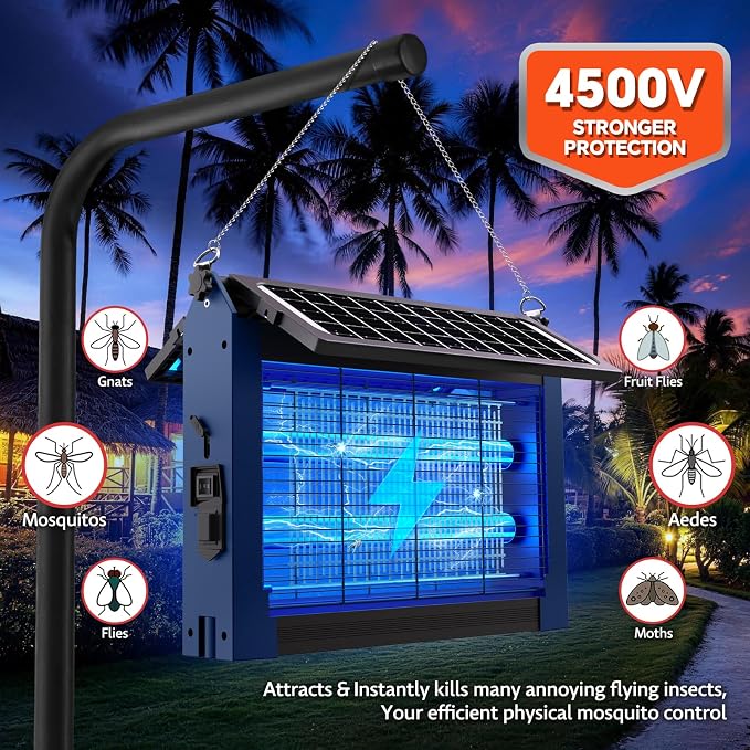 Solar Bug Zapper Outdoor, Dual Solar Panels, 4500V Waterproof Portable Mosquito Zappers, Cordless Fly Trap w/Auto Mode, Rechargeable Mosquitoes Insect Killer for Patio Yard Camping Garage (Blue)