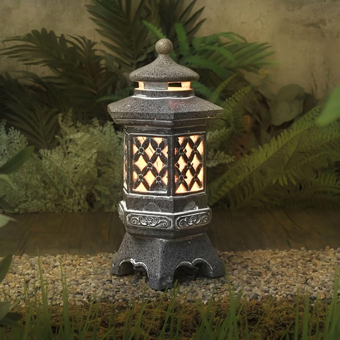 TERESA'S COLLECTIONS Pagoda Garden Statues with Solar Outdoor Light, Resin Zen Garden Lantern Asian Decor Outdoor Statues Lawn Ornaments Patio Porch Yard Decor Gifts for Mom 10.4"