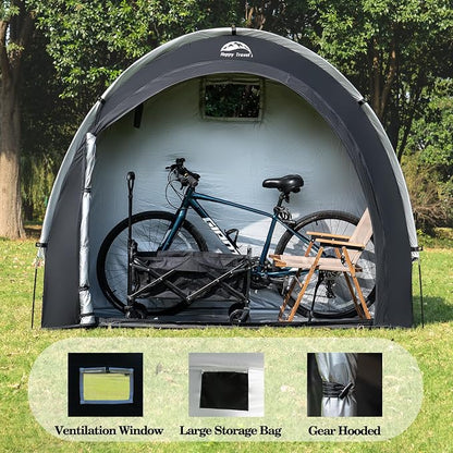 Happy Travel Bike Storage Tent Shed, Outdoor Waterproof Bicycle Covers Shelter with Window for 2/3/4/6/8 Bikes,Oversized Outside Portable Sheds for Lawn Mower,Garden Tools