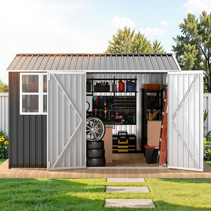 DWVO 10x10ft Large Tool Storage Shed with Window, Lockable Doors, and Sloped Roof, Oversized Steel Outdoor Storage Shed for Garden, Patio, Garage, Backyard, Lawn(Gray + White)