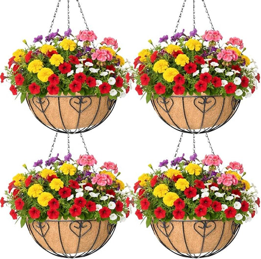 4 Pack 14 Inch Hanging Metal Planters for Outdoor Plants, Modern Black Solid Rectangular Hanging Baskets with Coco Coir Liner