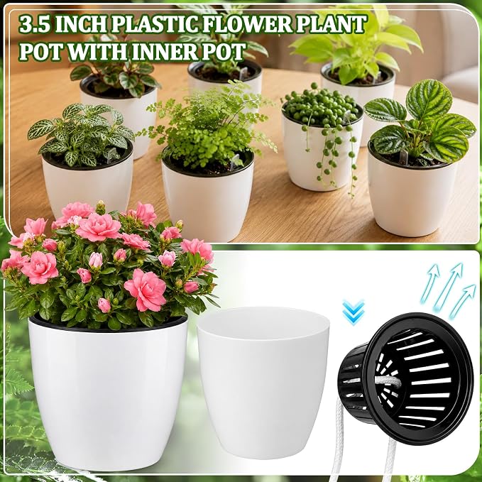 54 Pcs Self Watering Pots, 3.5 Inch Plastic Flower Plant Pot with Inner Pot Self Watering Wick Planter White Clear Flower pots for Indoor House Plants Herbs, Flowers, Succulents(White Black)