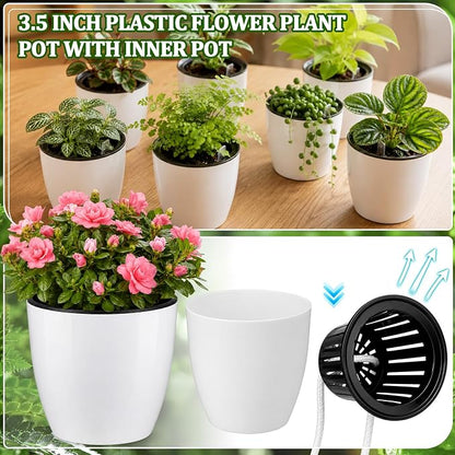 18 Pcs Self Watering Pots, 3.5 Inch Plastic Flower Plant Pot with Inner Pot Self Watering Wick Planter White Flower Pots for Indoor House Plants Herbs, Flowers, Succulents(White Black)