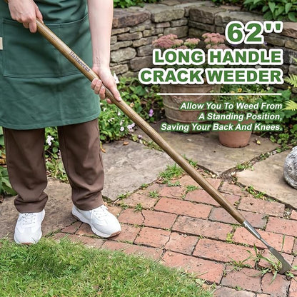 Haliaeetus Long Handle Crack Weeder Tool, 62'' L-Shape Stainless Steel Crevice Weeding Tool, Comfortable Wood Handle Paver Weeder, Sidewalk Weed Removal Tool for Driveway, Bricked Patio,Terrace Paving