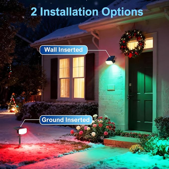 JEJOT Color Changing Solar Spot Lights Outdoor Waterproof IP65,8 Lighting Modes Multicolor RGB Christmas Spotlight for Porches Yard Gardens Landscape Deconrations-2 Pack