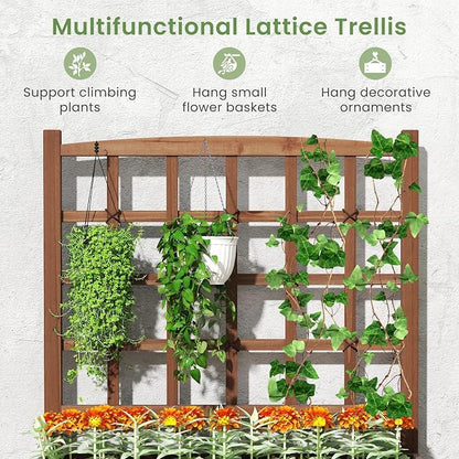 HAPPYGRILL Raised Garden Bed with Trellis, Drainage Holes, 2-Tier Wooden Elevated Planter Box w/Legs for Climbing Plants Vine Flower Herb Vegetable Fruit, Outdoor Garden Box for Patio Balcony