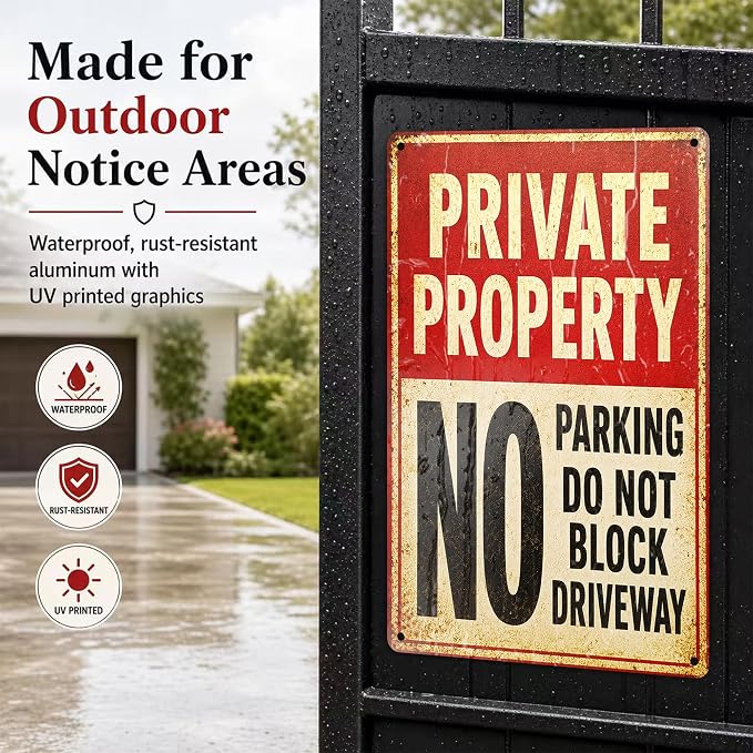 Private Property Tin Sign, 12 x 8 Inch No Parking Aluminum Metal Wall Decor, Do Not Block Driveway Notice Sign for Garage, Gate, Fence, Carport